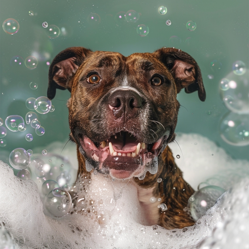 brindle bull terrier in bubble bath £49