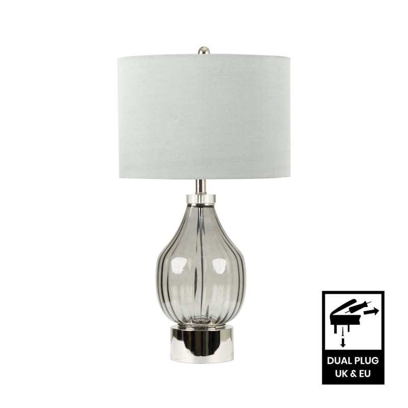 glass table lamp with grey linen shade £109