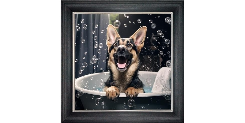 german shepard in bubble bath framed wall art £49