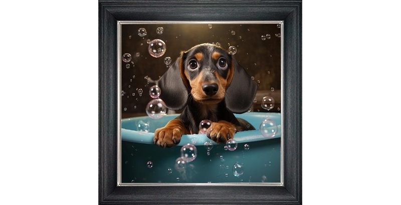 sausage dog in bubble bath framed wall art £49