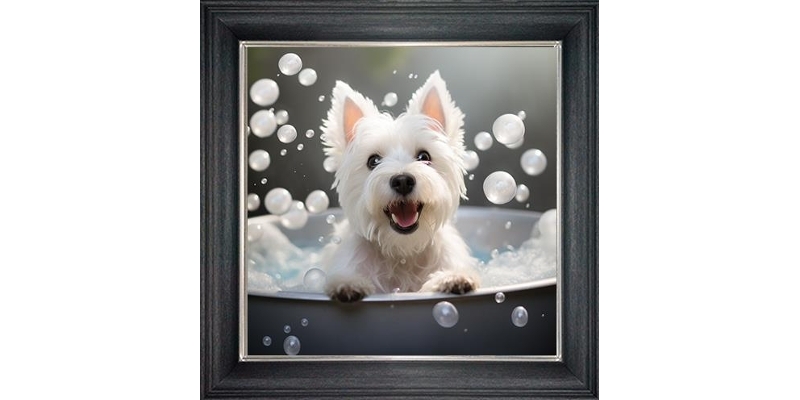 west highland terrier in bubble bath framed wall art £49