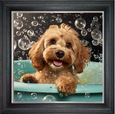 cockapoo in bubble bath framed wall art £49