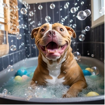 bull terrier in bubble bath £49