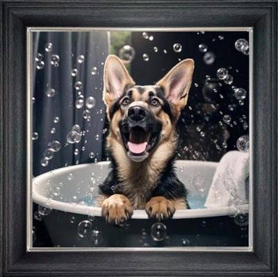 german shepard in bubble bath framed wall art £49