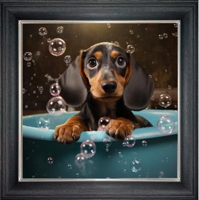 sausage dog in bubble bath framed wall art £49