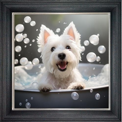 west highland terrier in bubble bath framed wall art £49